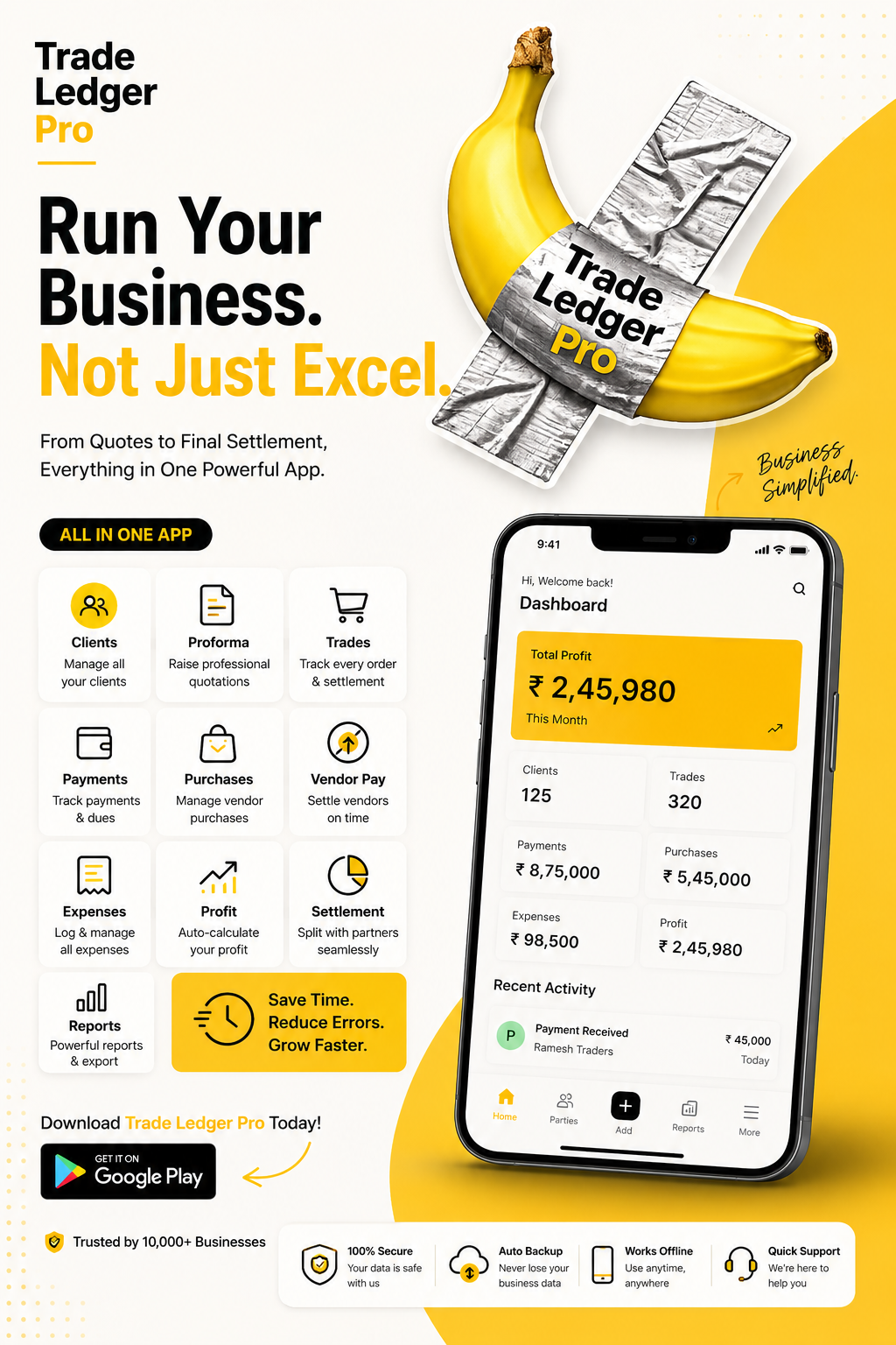 Trade Ledger Pro poster — Run Your Business, Not Just Excel — the all-in-one feature set